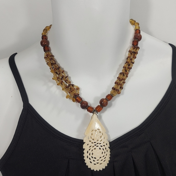 Handcrafted Wood Glass Bead Necklace with Carved Pendant - Picture 1 of 9